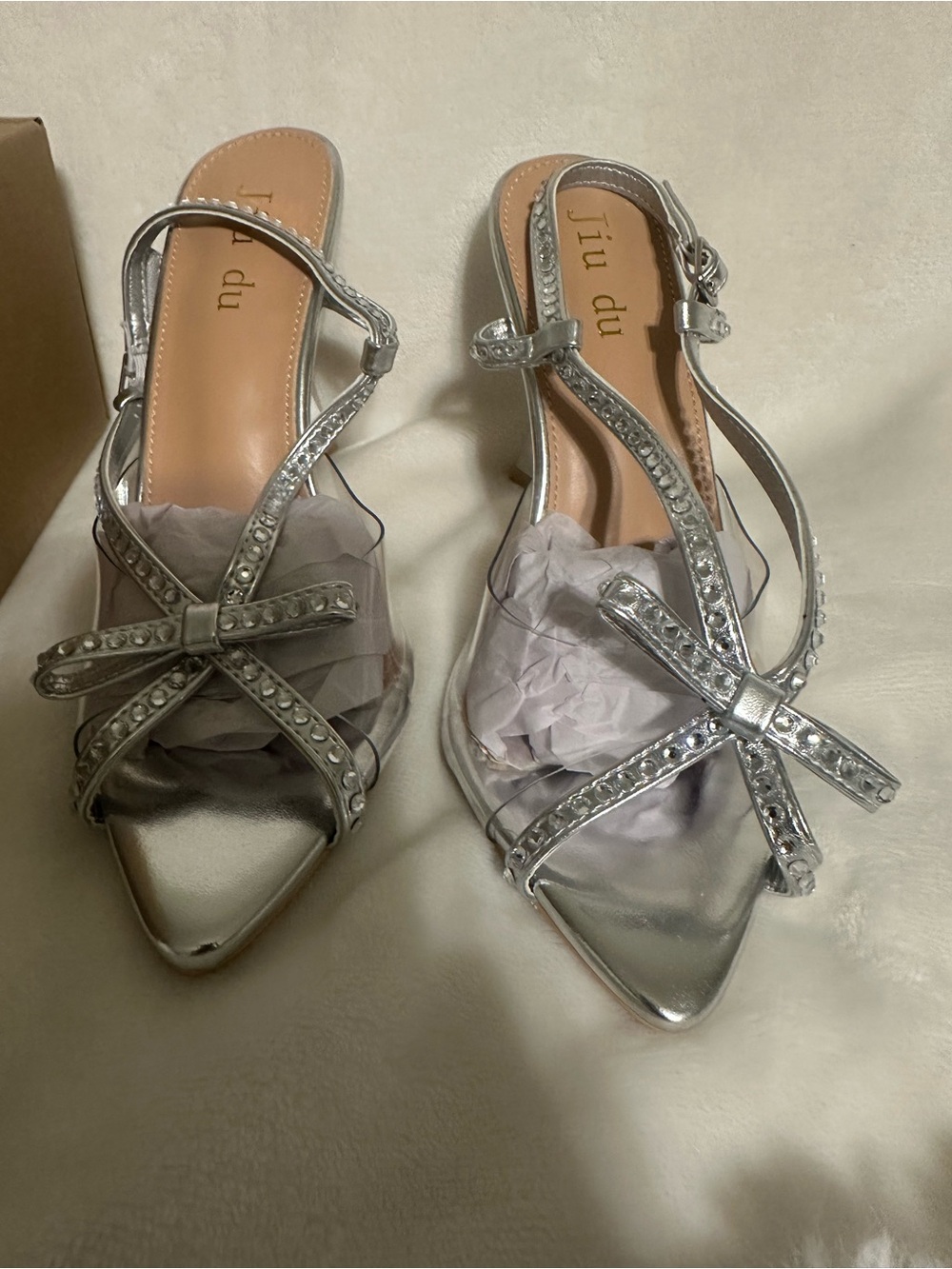 Silver Pointed Slingback Sandals with Crystal Bow